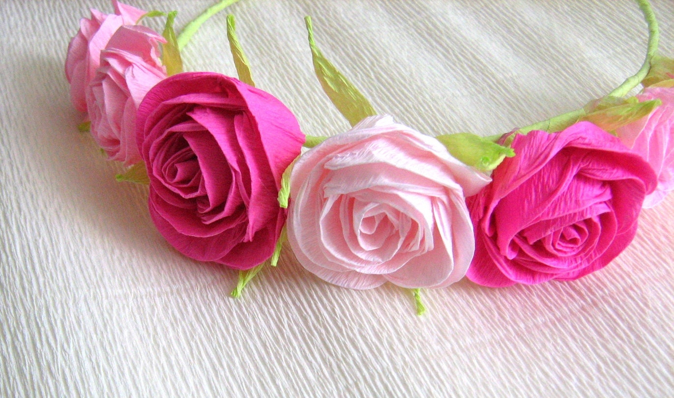 Pink Gold Crown, Crepe Paper Flower, Girls Birthday Halo Hair Wreath