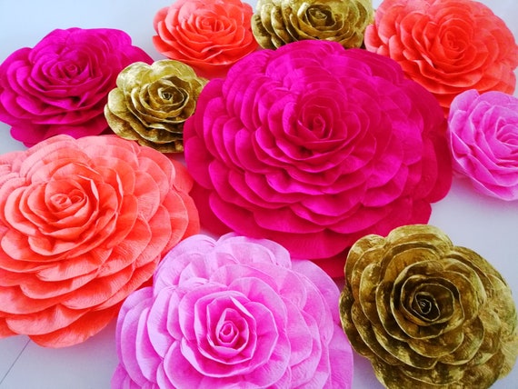 Orange Red Gold 12 large paper flowers wall Backdrop diwali dholki mehndi arabia night party sangeet Indian Bollywood Table Baby Shower Il_570xn