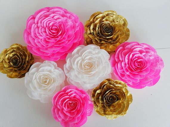 10 large Paper Flowers wall decor, Pink Gold White Black, bridal kate party spade girls baby shower, wedding backdrop, Sweet 16 Quinceanera Il_570xn