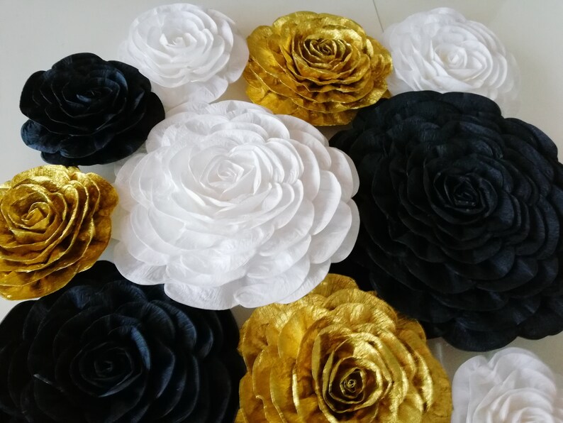 Royal Gold Black White large crepe Paper Flowers wall bridal baby kate shower Art deco wedding spadebackdrop graduation birthday Giant