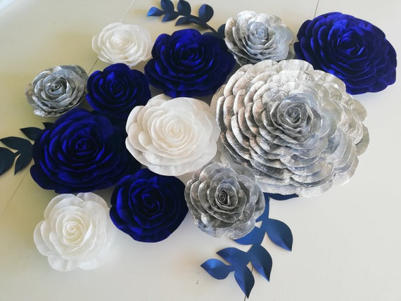 White Royal navy Blue silver, large Paper Flowers wall decor wedding, bridal boy baby shower backdrop Photo backdrop nursery birthday party Il_570xn