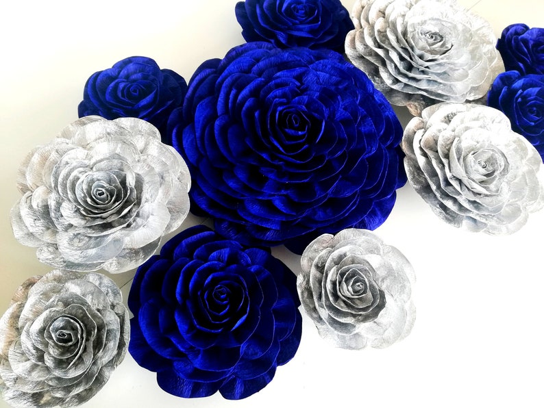 Royal Blue Silver Wall Decor Large Paper Flowers Boy Baby Etsy