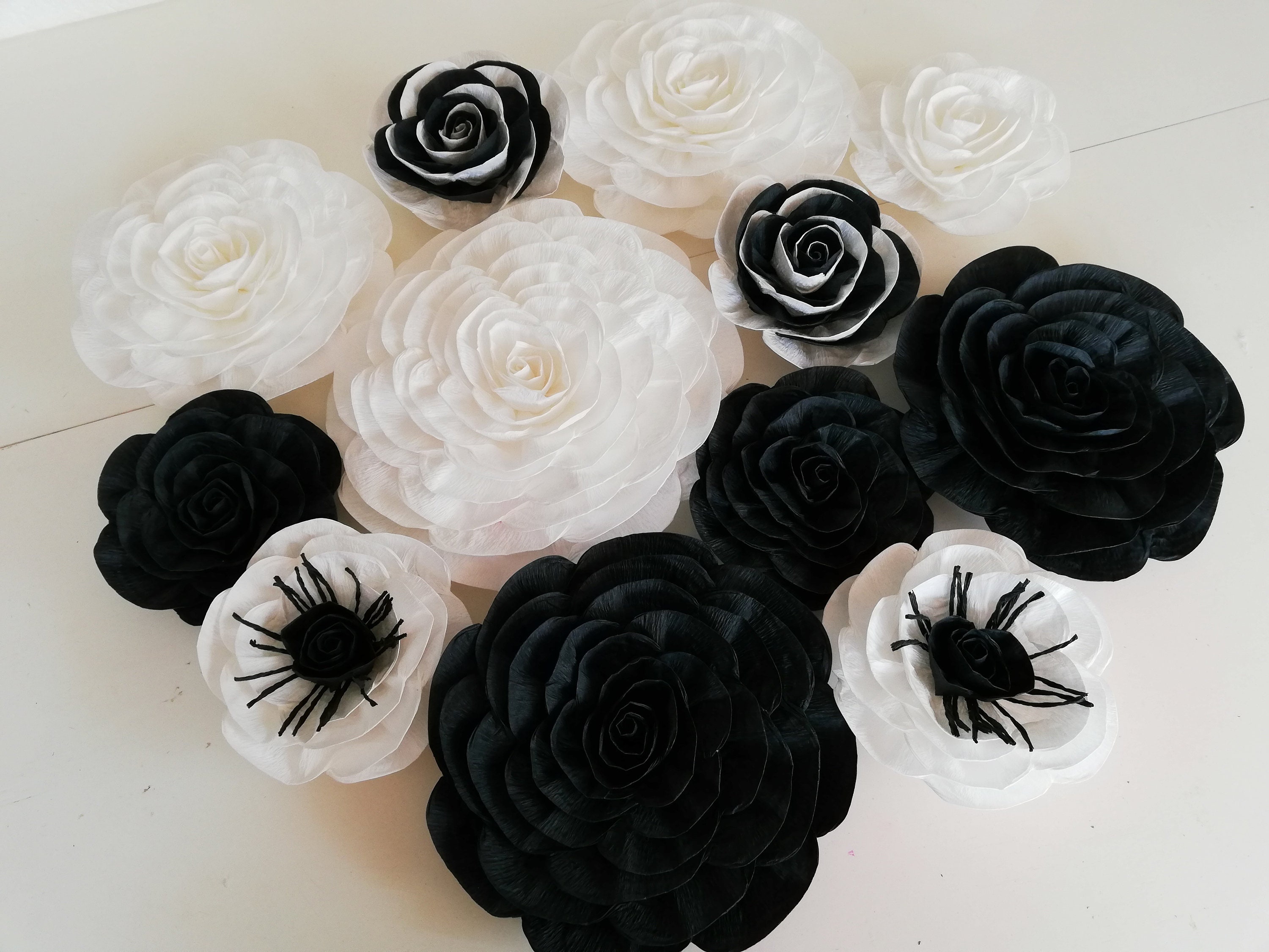 10 Black White, Large Paper Flower Wall Decor Nursery, Wedding Decor
