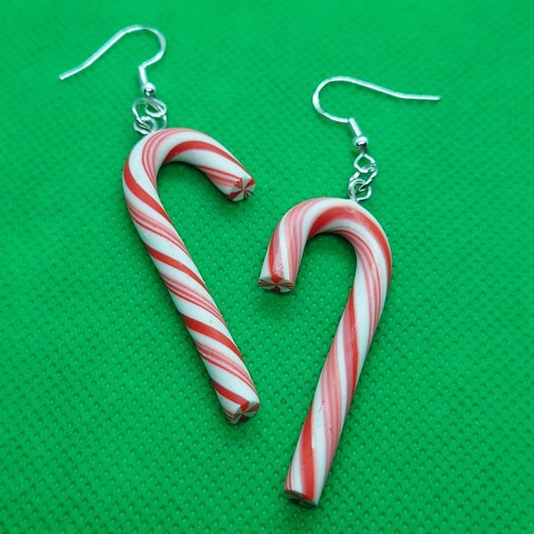 Big statement candy cane drop earrings, Christmas theme, sterling silver hooks