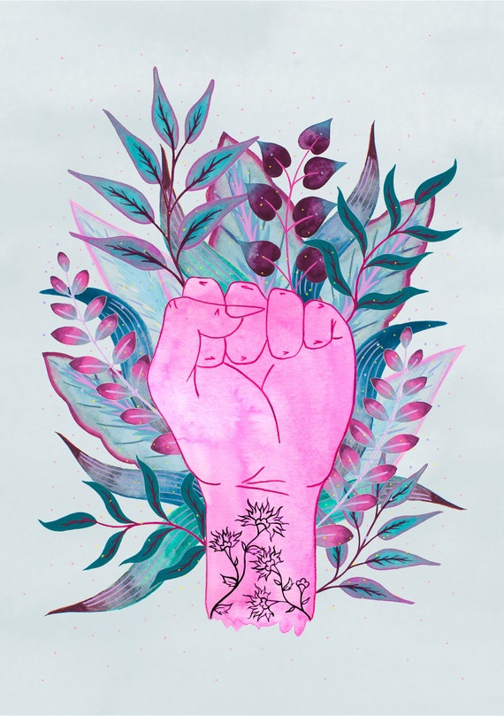 Raised Fist Protest Art Feminist Home Decor Pink Tattooed Hand Wall Decor Pink Raised Fist Illustration with Flower Tattoos and Leaves
