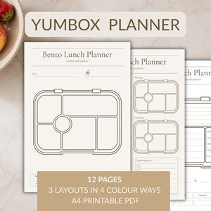 Puede incluir: Un conjunto de planificadores Yumbox en PDF imprimible con 12 páginas, 3 diseños y 4 combinaciones de colores. Las páginas incluyen un Bento Lunch Planner con el contorno de una caja bento, un planificador diario y un planificador semanal.
