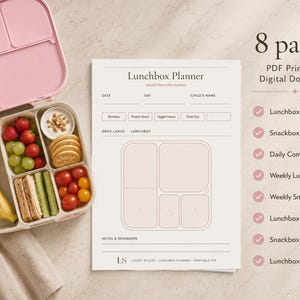Puede incluir: Una lonchera rosa y blanca llena de un plátano, fresas, uvas, galletas saladas y tomates cherry. Junto a ella, un planificador de lonchera imprimible con el texto "Lunchbox Planner" y "8 pages PDF Printable Digital Download".