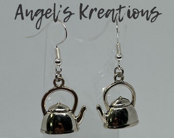 Novelty Kitchen Utensil Kettle Dangle Earring Set Silver Tone