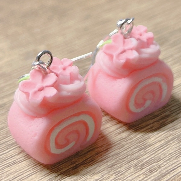 Novelty Cute Pink Cake Roll Kawaii Earring Silver Tone