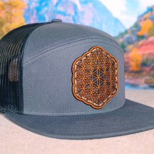 Flower Of Life Hat | Sacred Geometry Design Leather Patch | Charcoal & Black Flat Bill Snapback Cap