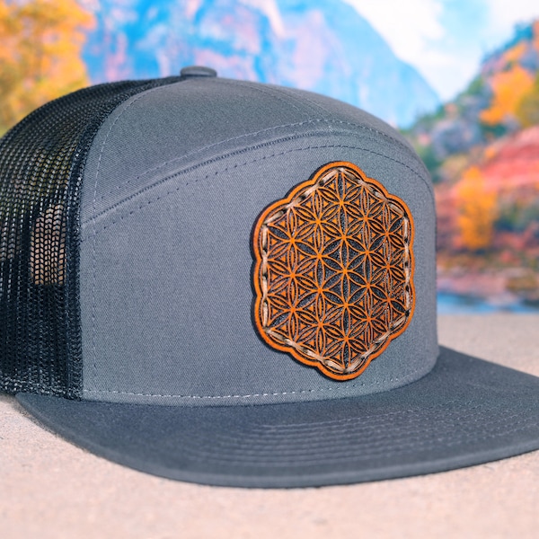 Flower Of Life Hat | Sacred Geometry Design Leather Patch | Charcoal & Black Flat Bill Snapback Cap