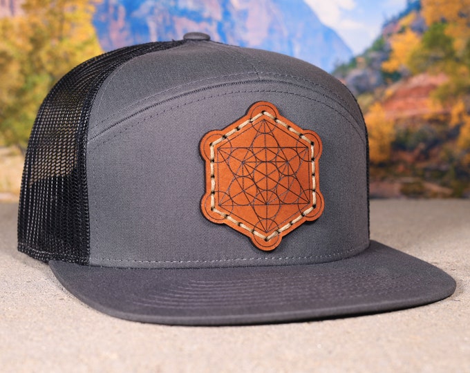 Metatron's Cube Hat Sacred Geometry Design Leather Patch Charcoal & Black Flat Bill Snapback Cap