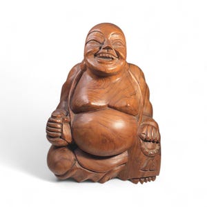 Vintage Hand-Carved Laughing Buddha Statue | Solid Wood 8” Happy Hotei Figurine | Mid-Century Asian Decor