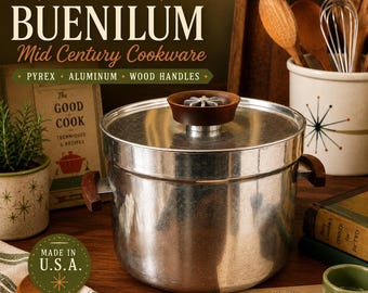 Vintage Buenilum A-19 Aluminum Pyrex Pot with Wood Handles | Mid Century Modern Kitchen Decor | Retro Cookware Collectible