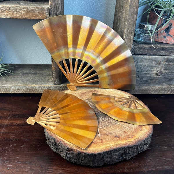 Set of 3 Vintage copper Japanned fans wall hanging, home decor, RARE FIND!