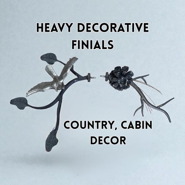 Rustic Iron Curtain Rod Finials | Branch, Leaf & Pinecone Design