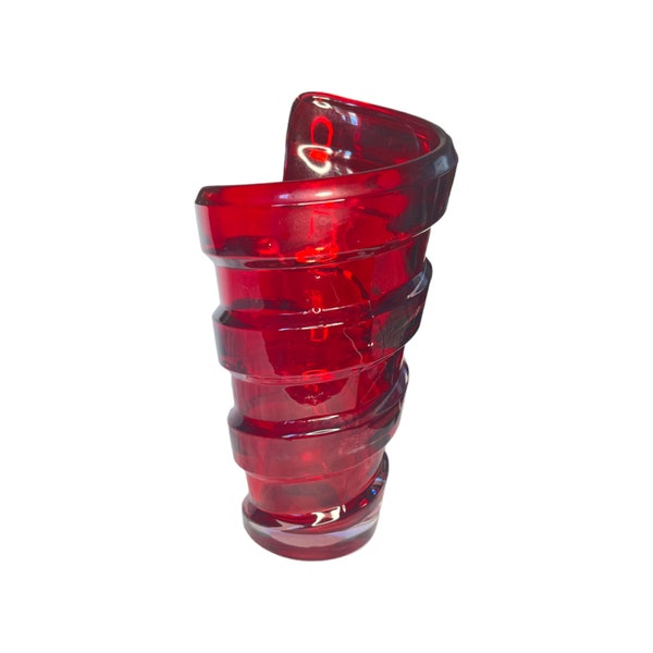 FTD Flowers Garnet Red Vase Spiral Ribbon Swirl Glass Retro Home Decor 9"