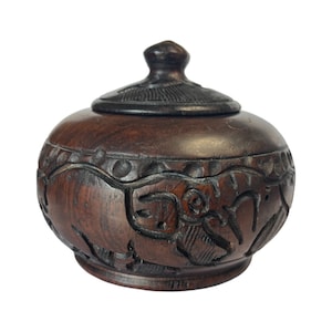 African Wood Carved Bowl with Lid: Indian Hand Carved Trinket Box