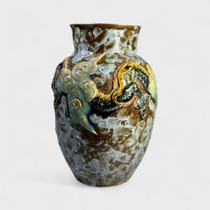 Handmade 3D Dragon Vase: Okinawan Pottery, Cloud Glaze, Asian Decor