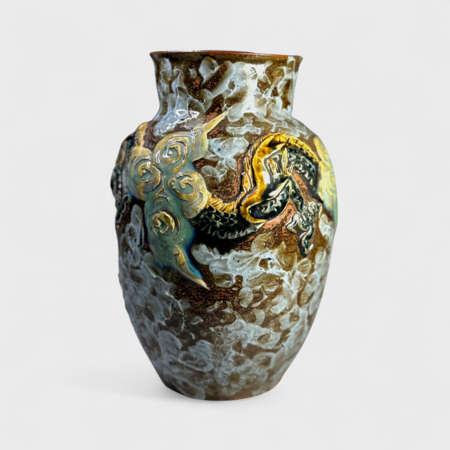 Handmade 3D Dragon Relief Ceramic Vase – 9” Tall Asian Style Pottery with Cloud Glaze, Earthy Tones, Artisan Collector Decor- Okinawan
