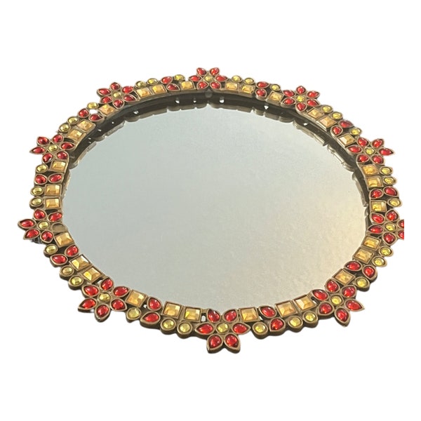 Jeweled Footed Vanity Tray Mirror Red & Gold Glass Rhinestones Heavy Metal Base