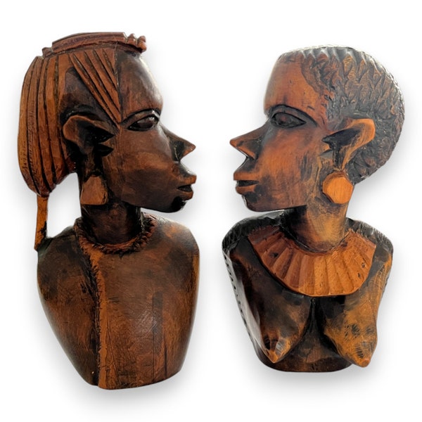 African Ebony Wood Tribal Male and Female Hand Carved Sculptures Bookends Folk Art Vintage Home Decor