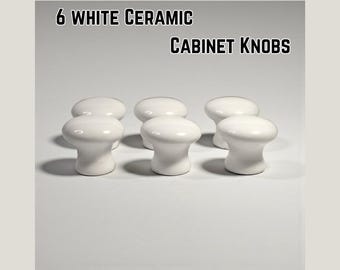 Set of 6 White Porcelain Cabinet Knobs | Mushroom Style Drawer Pulls
