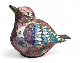 Vintage Cloisonne Brass Bird Figurine Pink Blue Enamel 3.5 Inches Long Mid Century Home Decor, Boho Decor