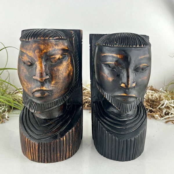 African Tribal Hand Carved solid Mahogany Book Ends