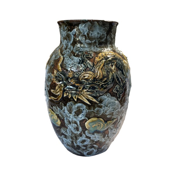 Early 19th Century Okinawa Pottery Vase High Relief Dragon and Lotus Flowers