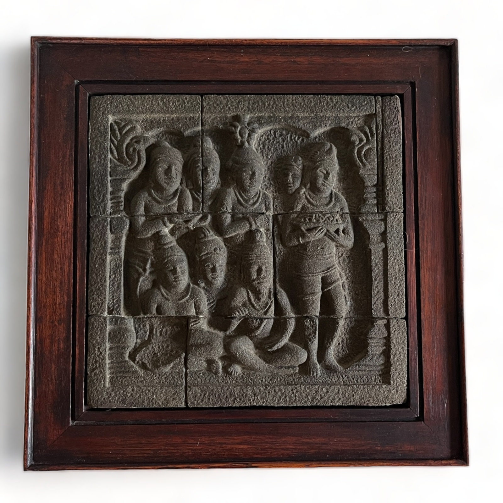陶器製　顔像　壁飾　置物　在銘　共箱　C　R5914 Framed Borobudur Temple Museum Copy Stone Relief of Buddha's