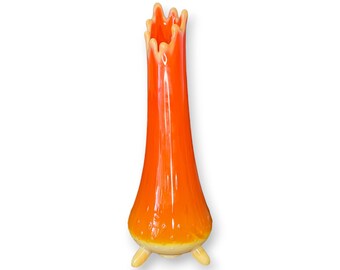 L. E. Smith Creamsicle Orange Swag Vase Three Toe Hobnail Mid Century Modern 11"