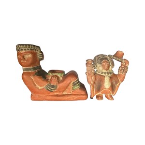 2 Aztec Mayan Terra Cotta Sculptures including Chac-Mool Mediano and Maya Aztec Goddess from Juarez Mexico