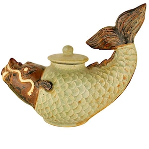 Ceramic Koi Fish Teapot with lid sage green and brown NEW