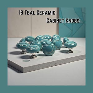 May include: Thirteen teal ceramic cabinet knobs with a silver base. The knobs are a light teal colour with a decorative rope-like design around the edge. The text "13 TEAL CERAMIC CABINET KNOBS" is at the top of the image.