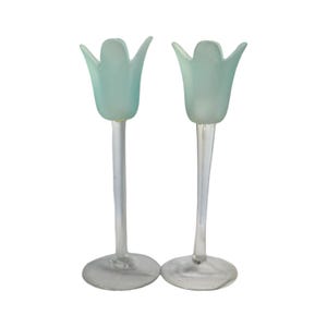 Hand Blown Glass Tulip Candle Holders: Frosted Sea Glass, Set of 2