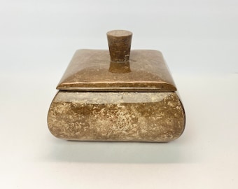 Solid Marble Jewelry Trinket Box with Lid Glossy Browns and White finish 5&quot; square