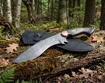 Handmade Damascus Kukri Knife with Carbon Fiber Handle & Leather Sheath