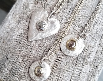 H23 Silber-Anhänger mit Rosecut Diamanten, Herz, Medallion, runder Anhänger