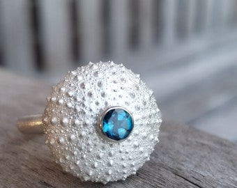 unusual sea urchin ring in silver with topaz