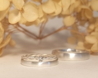 ROMANTISCHES Ring Set  - schlichte Eheringe, Trauringe in Silber mit Kordelring-Brillant