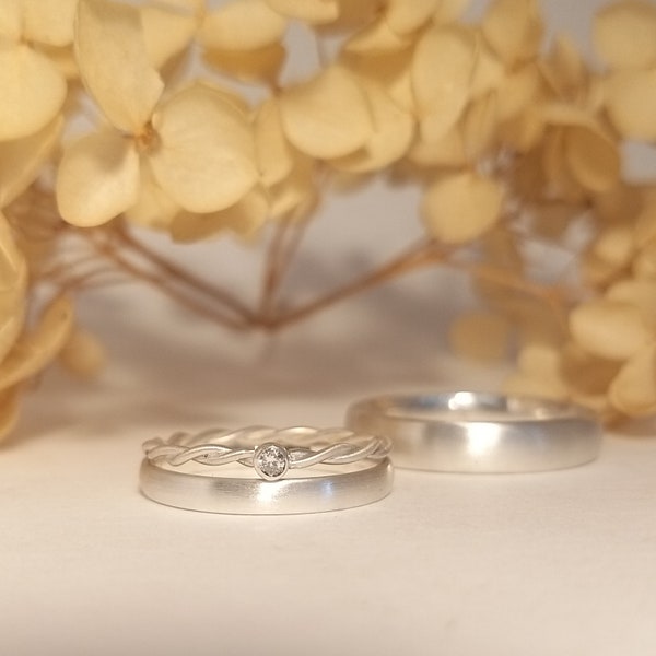 ROMANTISCHES Ring Set  - schlichte Eheringe, Trauringe in Silber mit Kordelring-Brillant