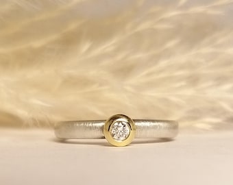 S19  Verlobungsring SILBER&GOLD mit Brillant massiver Fassung - individuell, handgearbeitet, schlicht - Antragsring, Vorsteckring