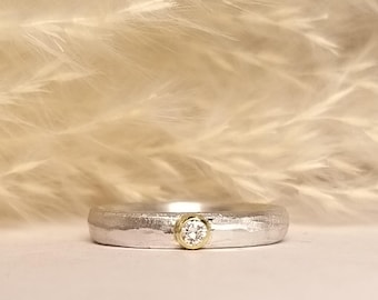 S18  Verlobungsring SILBER&GOLD mit Brillant 750 Gelbgold Fassung - individuell, handgearbeitet, schlicht - Antragsring, Vorsteckring