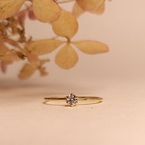 Op de afbeelding: Een delicate gouden ring met een enkele, kleine, ronde diamant in het midden.