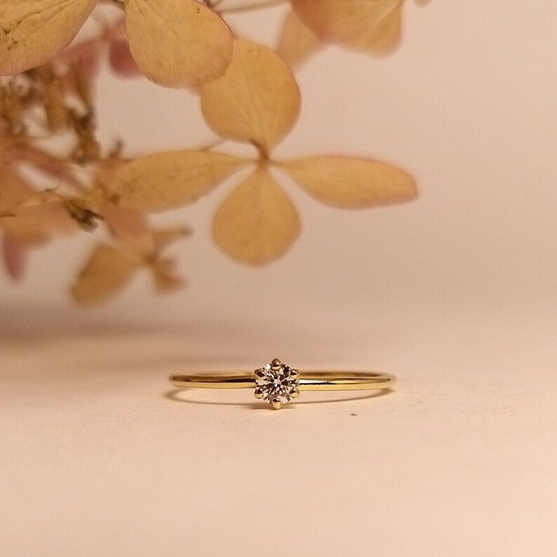 Op de afbeelding: Een delicate gouden ring met een enkele, kleine, ronde diamant in het midden.