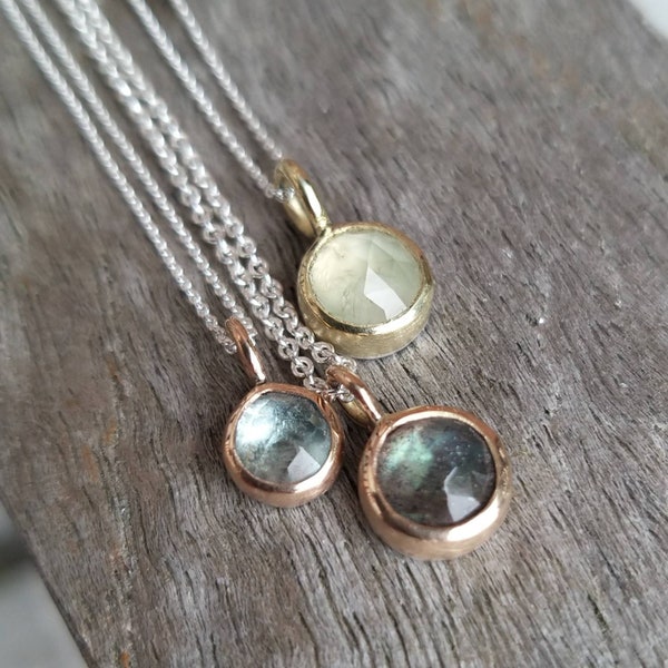 delicate unique pendants in gold and fine silver with topaz, labradorite, citrine or prehnite