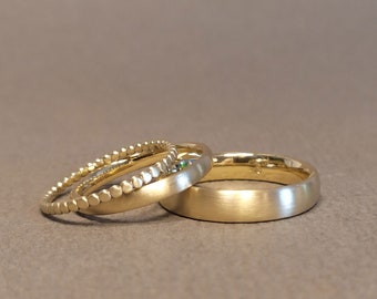 ROMANTISCHES Ehering-Set, Trauringe oval gerundet mit Perlring oder Kordelring in Gelbgold Rosegold