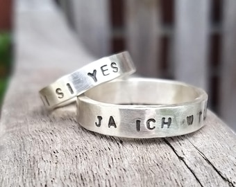 S18 SILBER & TEXT - "si oiu yes ja ich will" - individuelle Eheringe, Trauringe gestempelt