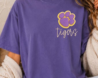 Textured Glitter Appliqué Tigers Shirt, Embroidered Tigers Game Day Shirt, Purple Tiger Paw Tee